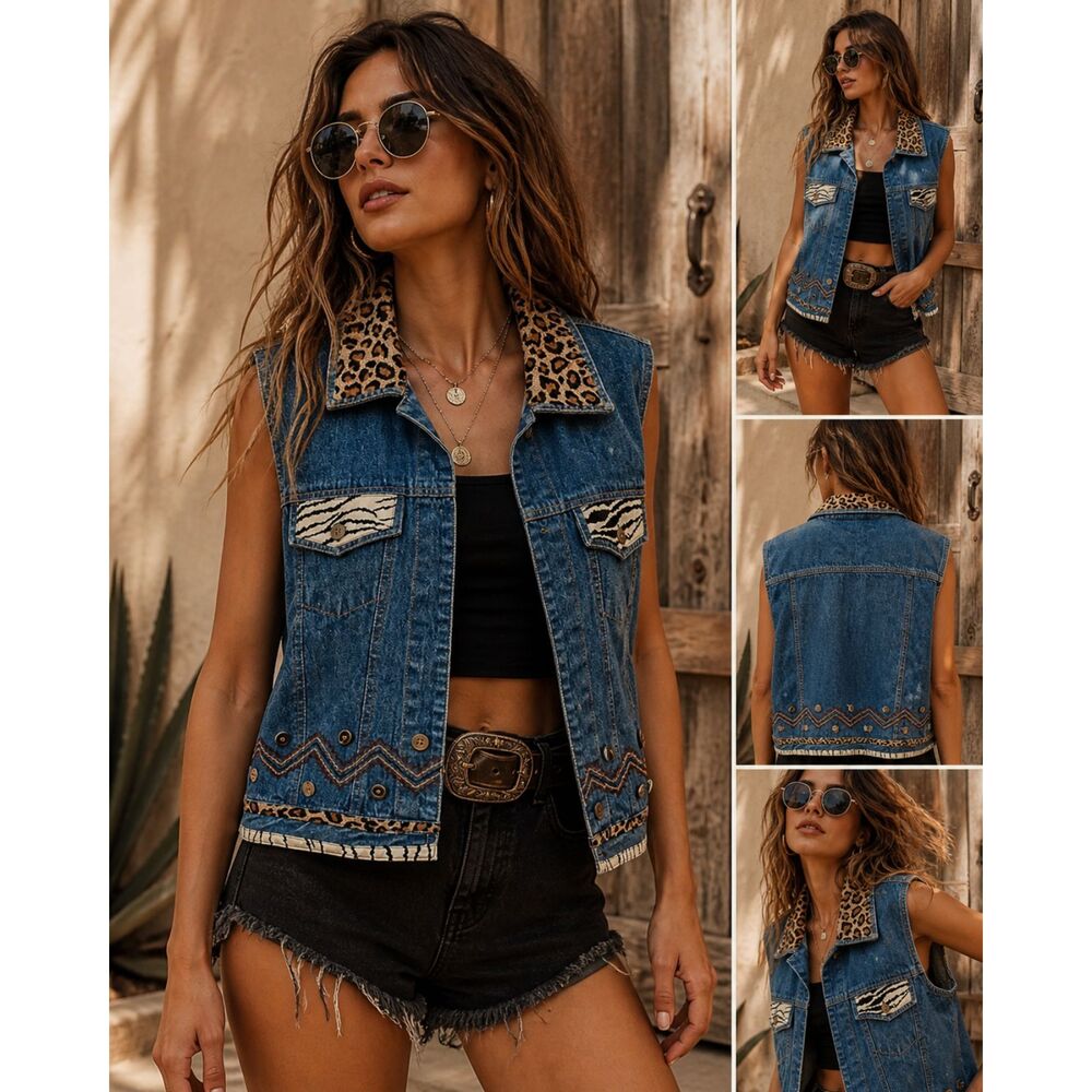 Vintage Denim Vest Animal Print  Patchwork Boho Festival Western Style